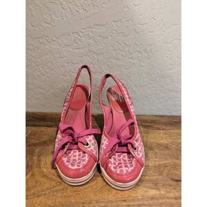 COACH Emilanna purple Patent Leather Signature Fabric Slingback Wedges Size 7